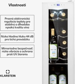 Klarstein Shiraz 12 Slim, vinotéka, 32 l, 12 fliaš, 85 W, 5–18°C, dotykový ovládací panel