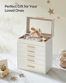 Šperkovnica s skleneným vrchnákom, 6-poschodový organizér na šperky s 5 zásuvkami, 16,3 x 25,1 x 29 cm, oblá biela