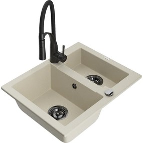 Mexen Carlos, 1,5-komorový granitový drez 582x475x177 mm a drezová batéria Aster, béžová, 6518-69-73450-70-B