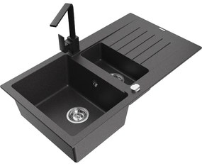 Mexen Matias, granitový drez 900x505x200 mm, 1,5-komorový a čierna batéria Rita, čierna škvrnitá, 6502-76-670300-70