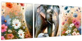 Obraz - Slonia mama, akvarel (s hodinami) (90x30 cm)