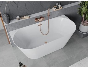 Mexen Oval Slim, voľne stojaca vaňa ku stene 170 x 80 cm, biela lesklá, medená matná prepad, 52661708000-65