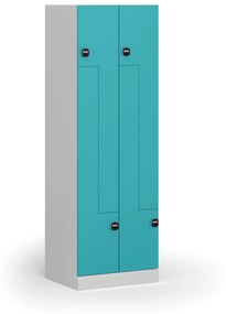 Kovová šatníková skrinka Z, 4 oddiely, 1850 x 600 x 500 mm, zámok s čítačkou RFID kariet, zelené dvere