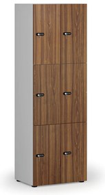 Drevená šatníková skrinka S4 s úložnými boxmi, 6 boxov, demont, mechanický kódový zámok, sivá/orech