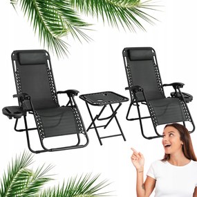 Set 2 polohovateľných záhradných lehátok so stolíkom - čierny