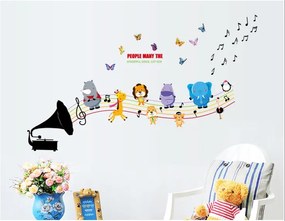 Veselá Stena Samolepka na stenu na stenu Detský gramofón so zvieratkami