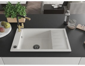 Mexen Elias, 1-komorový granitový drez 795x480x200 mm a drezová batéria Flora, biela, 6511-20-670401-57-B