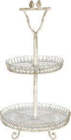 Vintage kovový etažér s patinou a dekoráciami vtáčikov - Ø 36 * 65 cm
