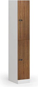 Šatníková skrinka S1 s úložnými boxmi, 2 boxy, 1850 x 300 x 500 mm, demont, mechanický kódový zámok, laminované dvere, orech