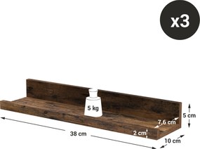Sada 3 ks nástenných políc TAYLOR 38x10 cm, rustikálne hnedé