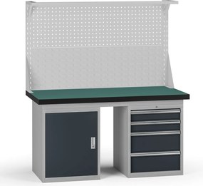Pracovný stôl do dielne G8 s nadstavbou, 1500 x 750 x 800 mm, 1x skrinka, 1x kontejner, 4 zásuvky, grafit