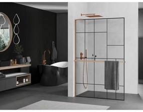Mexen Kioto+ L, sprchová zástena Walk-In s poličkou a vešiakom 100 x 200 cm, 8mm číre sklo čierny vzor, medený matný profil, 800-100-123-65-78