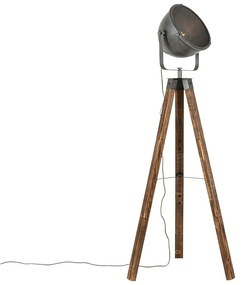 Priemyselná stojaca lampa trojnožka oceľ s dreveným sklonom - Emado