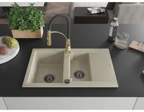 Mexen Gaspar, 1,5-komorový granitový drez 737x475x177 mm a drezová batéria Aster, béžová, 6507-69-73450-57-B