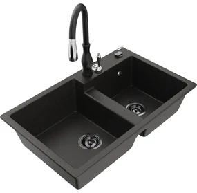 Mexen Tomas, granitový drez 800x500x190 mm, 2-komorový a drezová batéria Savita, čierna-zlatá metalíza, 6516-75-672601-70-B