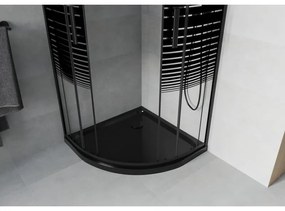 Mexen Rio, štvrťkruhový sprchovací kút s posuvnými dverami 90(dvere) x 90(dvere) x 190 cm, 6mm číre sklo s pásikmi, čierny profil + čierna sprchová vanička Slim, 863-090-090-70-20-4170B