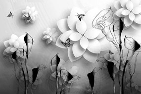 Samolepiaca tapeta čiernobiele abstraktné kvety - 375x250