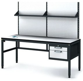 Alfa 3 Antistatický dielenský ESD stôl s perfopanelom a policami, 2 zásuvkový box na náradie, 1800x800x745-985 mm