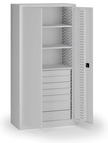 Policová dielenská skriňa 2-dverová, 3 police + 7 zásuviek, 1950 × 950 × 500 mm, sivé dvere