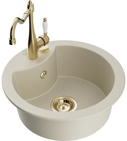 Mexen Diego, granitový drez 488x488x167 mm, 1-komorový a drezová batéria Carla, béžová, 6512-69-670700-50
