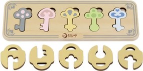 Drevené senzorické puzzle Montessori – zámky a kľúče