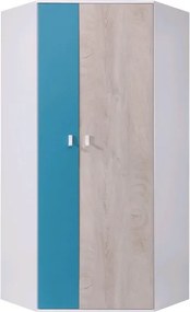 Rohová šatníková skriňa Planet, dub/biela/modrá
