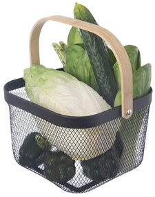 Orion Kovový košík s drevenou rukoväťou, štvorcový, čierny 27 x 25 x 17 cm