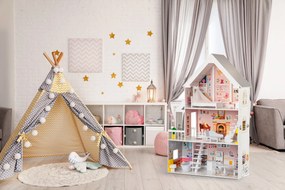 Drevený domček pre bábiky ECOTOYS – Púdrová rezidencia XXL, 3-poschodový, 15 ks nábytku