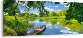 Obraz letné rieky s loďkou (120x50 cm)