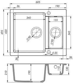 Sink Quality Ferrum, kuchynský granitový drez 605x495x210 mm + zlatý sifón, čierna, SKQ-FER.C.5KBO.XG