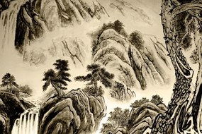 Obraz čínska krajinomaľba v sépiovom prevedení - 90x60