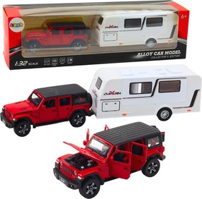 LEAN Toys Súprava: terénne auto, karavan, kovové, pohon, svetlá, zvuky, červená, 1:32
