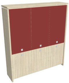 Vysoká skriňa Verno 188 x 46 x 210 cm, kombinované dvere, agát / červená
