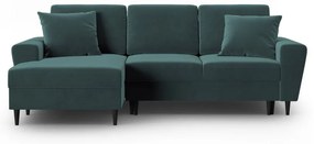 Zamatová rozkladacia/s úložným priestorom rohová pohovka v petrolejovej farbe (ľavý roh/s leňoškou) Kyoto – Cosmopolitan Design