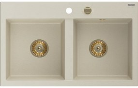 Mexen Hektor, 2-komorový granitový drez 800x480x205 mm, béžová, zlatý sifón, 6521802000-69-G