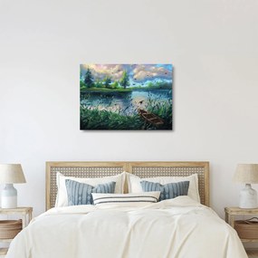 Sklenený obraz - Olejomaľba, Letný podvečer pri jazere (70x50 cm)
