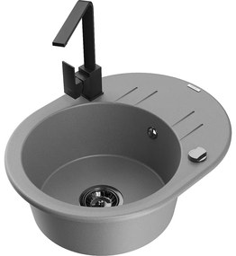 Mexen Kevin, drez granitový 586x458x190 mm, 1-komorový a čierna matná batéria Rita, šedá, 6517-71-670300-70-B