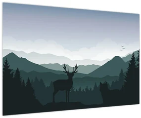 Obraz - Jeleň s vlkom v skalách (90x60 cm)