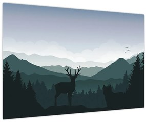 Obraz - Jeleň s vlkom v skalách (90x60 cm)