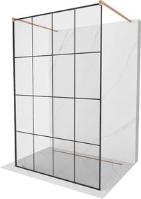 Mexen Kioto, sprchová zástena Walk-In 130 x 200 cm, 8mm sklo čierny vzor, medený matný profil, 800-130-002-65-77