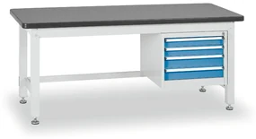Pracovný stôl do dielne BL so závesným boxom na náradie, MDF + PVC doska, 4 zásuvky, 1500 x 750 x 800 mm