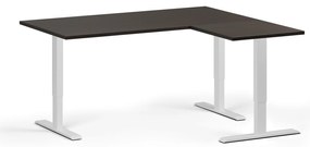 Rohový výškovo nastaviteľný stôl, 160x140 cm, 3 motory, L/P, biela podnož, wenge