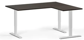 Rohový výškovo nastaviteľný stôl, 160x140 cm, 3 motory, L/P, biela podnož, wenge