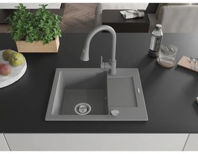 Mexen Enzo, 1-komorový granitový drez 576x465x174 mm a drezová batéria Elia, šedá, 6506-71-670101-71