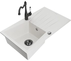Mexen Cesar, 1-komorový granitový drez 775x470x190 mm a drezová batéria Carla, biela, 6514-20-670700-70