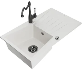 Mexen Cesar, 1-komorový granitový drez 775x470x190 mm a drezová batéria Carla, biela, 6514-20-670700-70