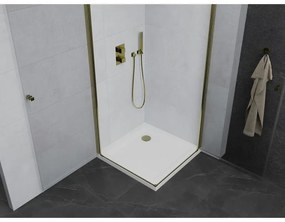 Mexen Pretoria Duo, sprchovací kút s 2-krídlovými dverami 80 (dvere) x 80 (dvere) cm, 6mm číre sklo, zlatý profil + slim sprchová vanička 5cm biela so zlatým sifónom, 852-080-080-50-02-4010G