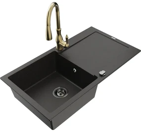 Mexen Leo, 1-komorový granitový drez 900x500x190 mm a drezová batéria Savita, čierna-zlatá metalíza, 6501-75-672601-50-B