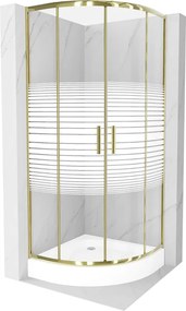 Mexen Rio, štvrťkruhový sprchovací kút s posuvnými dverami 80(dvere) x 80(dvere) x 190 cm, 6mm číre sklo s pásikmi, zlatý profil + biela sprchová vanička RIO, 863-080-080-50-20-4710
