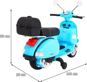 Ramiz Elektrický skúter Vespa pre deti modrý + pomocné kolieska + audio + ekokoža + EVA + plynulý štart